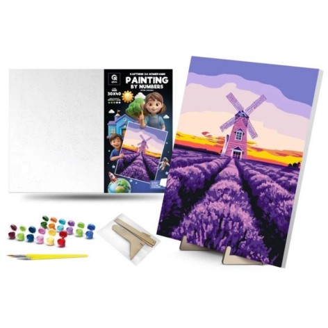 Картина по номерах "Вітряк і лаванда" (30х40 см) з деревʼяною підставкою