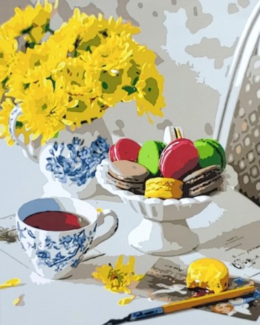 Набір для розпису по номерах Ранкові макаруни з квітами Strateg розміром 40х50 см (GS063)