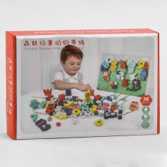 Деревянная игра шнуровка игровая доска, 3 типа бусин: животные, буквы и бусины, в коробке