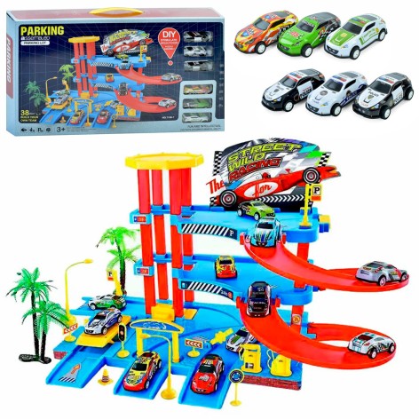 Гараж 3 поверхи, машинки 6шт, дорожні знаки, 38дет, мікс видів, в кор-ці, 48,5-28-7см 