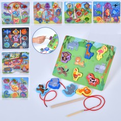 Дерев'яна іграшка Рамка-вкладиш 3в1(шнурівка, риболовля-магнитна), 1 вудка, 8 видів, у п/е, 22,5-18-1см 