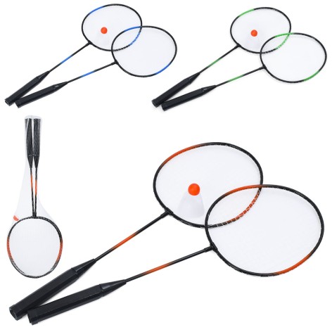 Бадмінтон ракетки 2шт (60см, метал), дерев'яна ручка, 1 волан 7см, 3 кольори, в сітці, 60-20-3см /50/