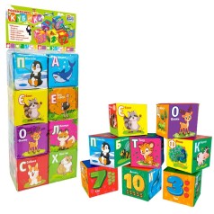 Кубики 40413 "4FUN Game Club", "Тварини", 6 штук, мʼякі, водонепроникна тканина, літери, геометричні фігури, в пакеті