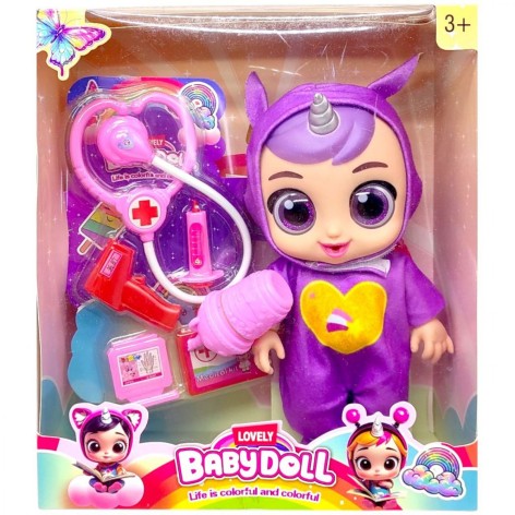 Кукла резиновая "Cry Baby" высота 25 см (говорит, смеется, плачет, съемная одежда, подвижные конечности, бутылочка, пустышка, аксессуары) ФИОЛЕТОВА