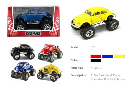 Іграшкова модель легкова 5' KT5057WB Classical Beetle Big Wheel металева, інерційна, відчиняються двері, 4 кольори