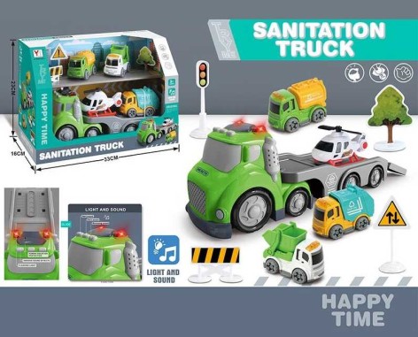 Трейлер 3 машинки, инерция, вертолет, муляжи окружения, звуки, подсветка, в кор. /24-2/