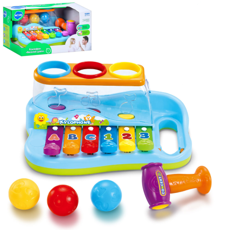 Игра 26см, ксилофон-6 тонов, логика, стукалка, шарики 3шт, молоток, в кор-це, 28-18,5-14,5см /18/