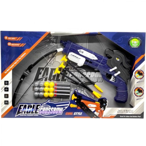 Арбалет (3 режима стрельбы, подсветка, механический принцип работы, звук орла, 3 стрелы с присосками, 4 мягких патрона, 12 пластиковых шариков) СИНИЙ