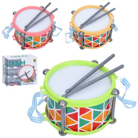 Барабан 21,5-11см, 2 палички, ремінець, 3 кольори, в кор-ці, 20,5-19-11,5см /36/