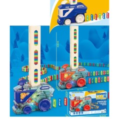 Гра машина-доміно, 16,5-7-в34,5см, їздить, під час руху автоматично викладає доріжку із блоків, світло, рухливі шестерні, доміно/блоки 60шт (3кольори), наліпки(цифри, математичні знаки), 2 кольори, в кор-ці, 26,5-16-7,5см /24/