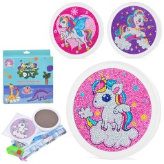 Набір для творчості алмазна мозаїка/діамантова мозаїка, єдиноріг, рамка з підставкою діам.16,5см, 3 види, в кор-ці, 17-19,5-2см /36/