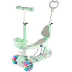 Детский самокат 5в1 с сиденьем и родительской ручкой, LED колеса, до 50 кг GREEN 0077(124378)