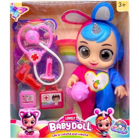 Кукла резиновая "Cry Baby" высота 25 см (говорит, смеется, плачет, съемная одежда, подвижные конечности, бутылочка, пустышка, аксессуары) РОЗОВО-СИНИЙ