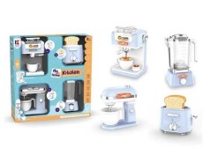 Набір іграшкової побутової техніки звуки, підсвічування, міксер, кавоварка, тостер, блендер, чашка, муляжі шматків хліба, в кор. 