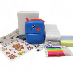 Термопринтер чорно-білий колір друку, Bluetooth, USB-кабель, 14 рулонів термопаперів, інструкція, маркери (синій)