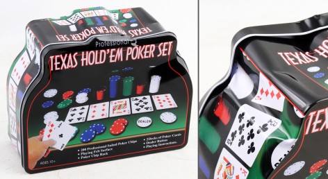 УЦЕНКА 20% Настільна гра покер, 200фішок (без номіналу), 2колоди карт, сукно, в корці (метал), 26-21-9,5см /12/