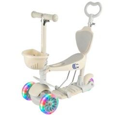 Детский самокат 5в1 с сиденьем и родительской ручкой, LED колеса, до 50 кг WHITE  0077(124377)