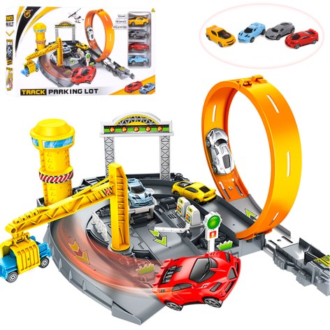 Трек оборот 360, машинка 4шт, 7см, кран, заправка, кор, 46-27-9см 