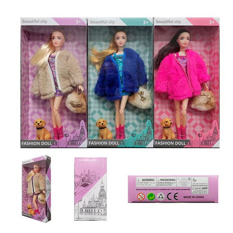 Кукла 28см, шарнирная, платье-пайетки, собака, 3 вида, в кор-ке, 17-33-5см 