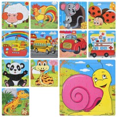 Дерев'яна іграшка Пазли 16дет, 24види (тварини, комахи, транспорт, динозавр), у п/е, 15-15-0,5см 