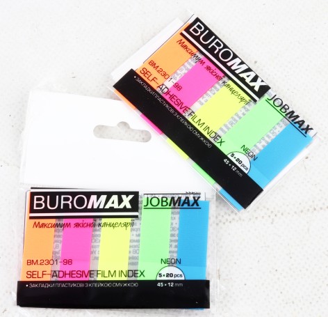 УЦЕНКА 30% Закладки пласт. с клейким слоем NEON 45*12мм, 5*20арк., JOBMAX, асорті, ціна за 4 шт. /48/
