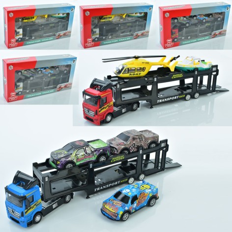 Трейлер 26см, резиновые колеса, 2 вида (машина, вертолет+катер), в кор-ке, 31,5-15,5-5,5см 