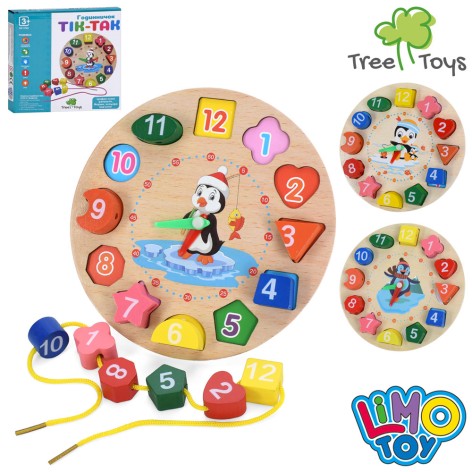 Дерев'яна іграшка Годинник 17,5см, рамка-вкладиш, фігури-цифри, шнурівка, 3 види, в кор-ці, 18-17,5-2,5см /40/