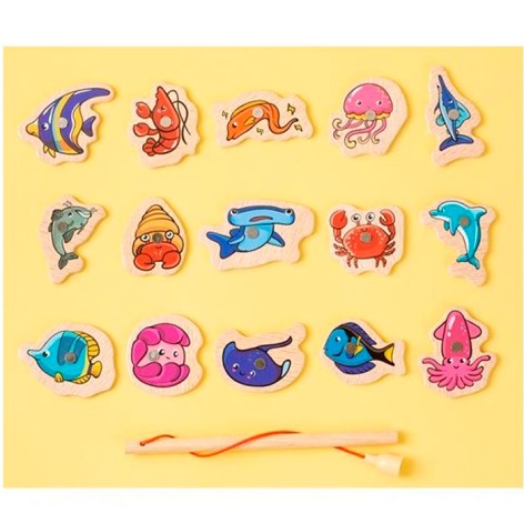 Дерев'яна іграшка Риболовля магнитна, 1 вудка, морські мешканці 15шт, слова англ.та арабською мовами, у п/е, 13-12-1см 