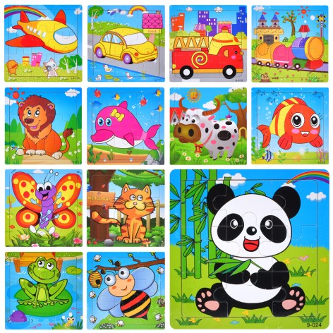 Дерев'яна іграшка Пазли 9дет, 24 види (тварини, транспорт, морські мешканці), у п/е, 15-15-0,5см 