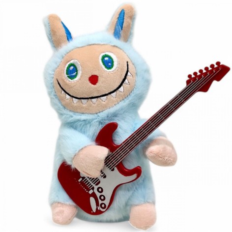 Є відеоогляд! Мʼяка музична іграшка-повторюшка "Лабубу", 18 см (блакитний)