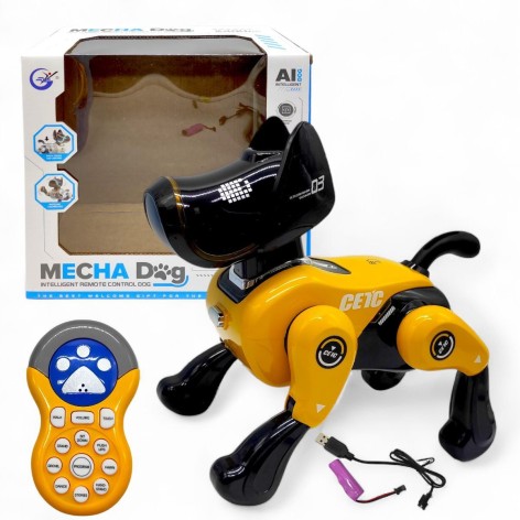 Песик на радиоуправлении (акум. 3,7 V, пульт 2,4 Ghz, музыка, подсветка, звуки, USB-кабель, сенсорный датчик, истории на английском языке, танцует, выполняет команды, регулировка громкости; коробка - 27х25х16 см (желтый)