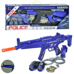 Набір зі зброєю поліцейський, автомат, звук, світло, ніж, наручники, жетон, 2види(бінокль/пістолет),на бат-ці, в кор-ці, 61-24-5,5см /18/