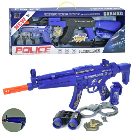 Набір зі зброєю поліцейський, автомат, звук, світло, ніж, наручники, жетон, 2види(бінокль/пістолет),на бат-ці, в кор-ці, 61-24-5,5см /18/