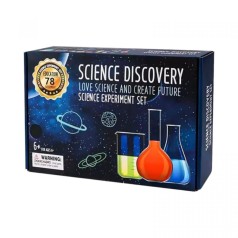 Набір хіміка 78 варіацій експериментів, 3 баночки з фарбою, реактиви-порошки, 4 мірні склянки, лійка, пластиковий м’ячик, 2 свічки, шприц без голки, піпетки, ложечка, 3 повітряні кульки, в коробці