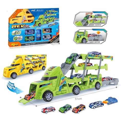 Трейлер 51см, 3в1(трек, гараж), машинка 4шт, машинка-запуск, 2 кольори, в кор-ці, 35,5-23-7,5см 