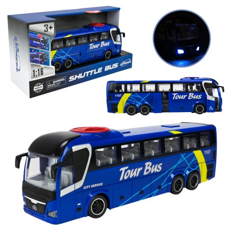 Автобус игрушечный инерционный Междугородный, свет, звук, 1:16, 27,5 см, синий (WY1107A)