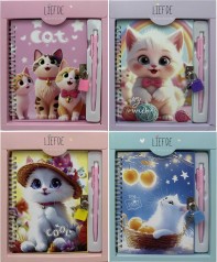 Блокнот на замочке мет.13*18см+руч.кульковая "Котик" 45арк.у кор.,4в.(2*80)
