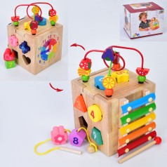 Дерев'яна іграшка Центр розвиваючий куб, лабиринт на дроті, 24-15-15см, сортер, фігури 10шт, ксилофон (5тонів, пластини-метал), годинник, шнурівка, в кор-ці, 20-16-16см 