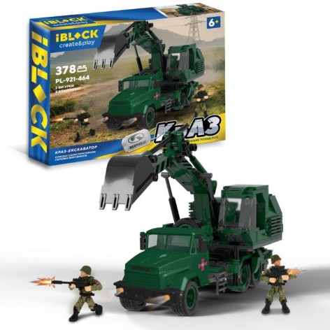 Конструктор iBlock Армия, КрАЗ Экскаватор, 378дет, 2 фигурки, в кор. 38*6,4*28см 