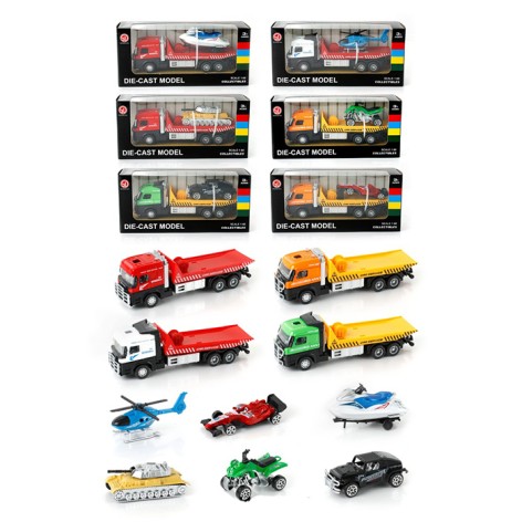 Трейлер металл, инерц, 16см, 1:60, транспорт 7см,резиновые колеса, 6видов, в кор-ке, 20-9-6см 