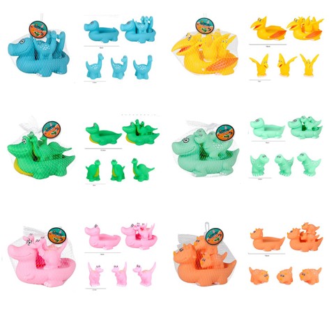 Игрушка для купания динозавр, семья динозавров, набор 4шт(16см, 7см), пискавка, 6 видов, в сетке, 17-14-12см 