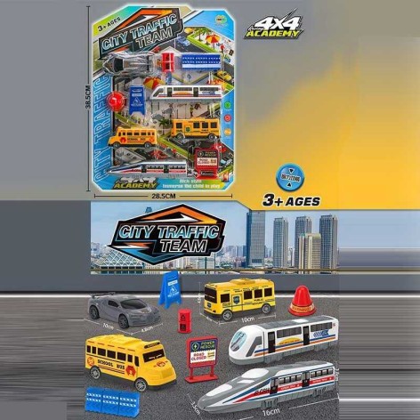 Набір машин 2 потяги, 2 автобуси, спорткар, знаки, на листі 