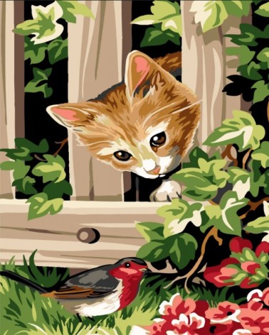 Картина по номерам Заинтересованный котенок и птичка Strateg с лаком размером 30х40 см (SS-6427)