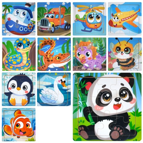 Дерев'яна іграшка Пазли 9дет, мікс видів(тварина, транспорт), у п/е, 11-11-0,5см /100/