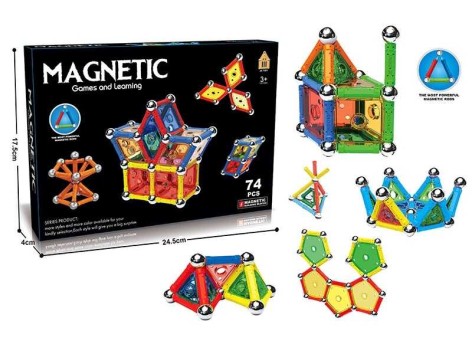 Конструктор магнитный 74 детали, 6 типов элементов, инструкция, в кор. 