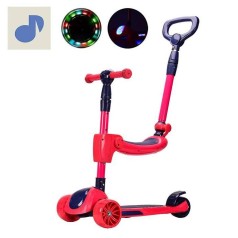 Самокат дитячий 3 кол. червоний з батьківською ручкою, світло, муз, колеса PU світло