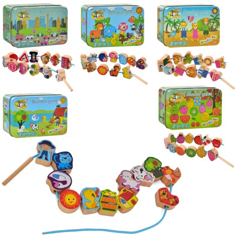 Деревянная игрушка Шнуровка 5видов, в пенале (металл), 14-9,5-4см 
