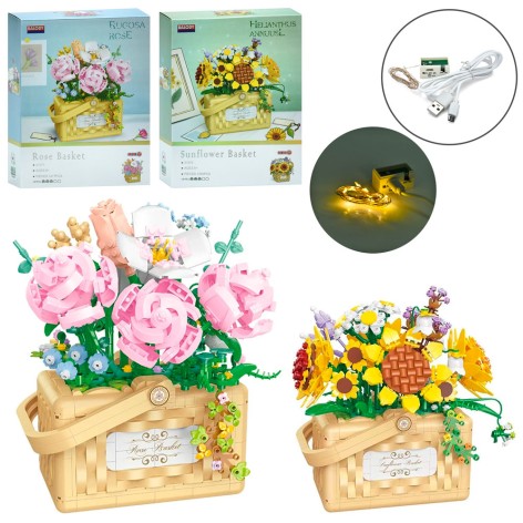 Конструктор квіти у кошику, світло, від мережі(USBШнур), 2 види (1277дет, 1295дет), в кор-ці, 23-30-8см 