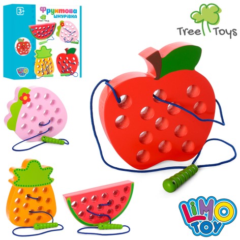 Дерев'яна іграшка Шнурівка фрукти, 15см, 4види, в кор-ці, 18-18-3см 