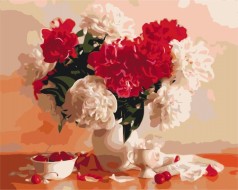 Картина по номерам: Красно-белые пионы и вишни 40*50